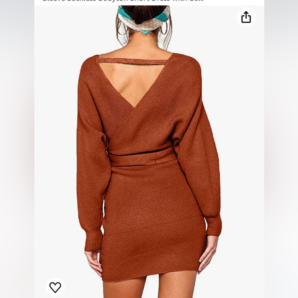 CHERFLY Dolman SLV Faux Wrap Backless Bodycon/Glam Belt Caramel Sweater Dress S - Picture 3 of 16